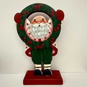 Vintage Santa wood shelf sitter wreath green red Christmas wood handmade